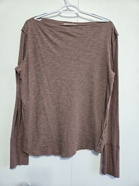 Free People We The Free Brown Long Sleeve Top Large Slub Knit Boat Neck Relaxed